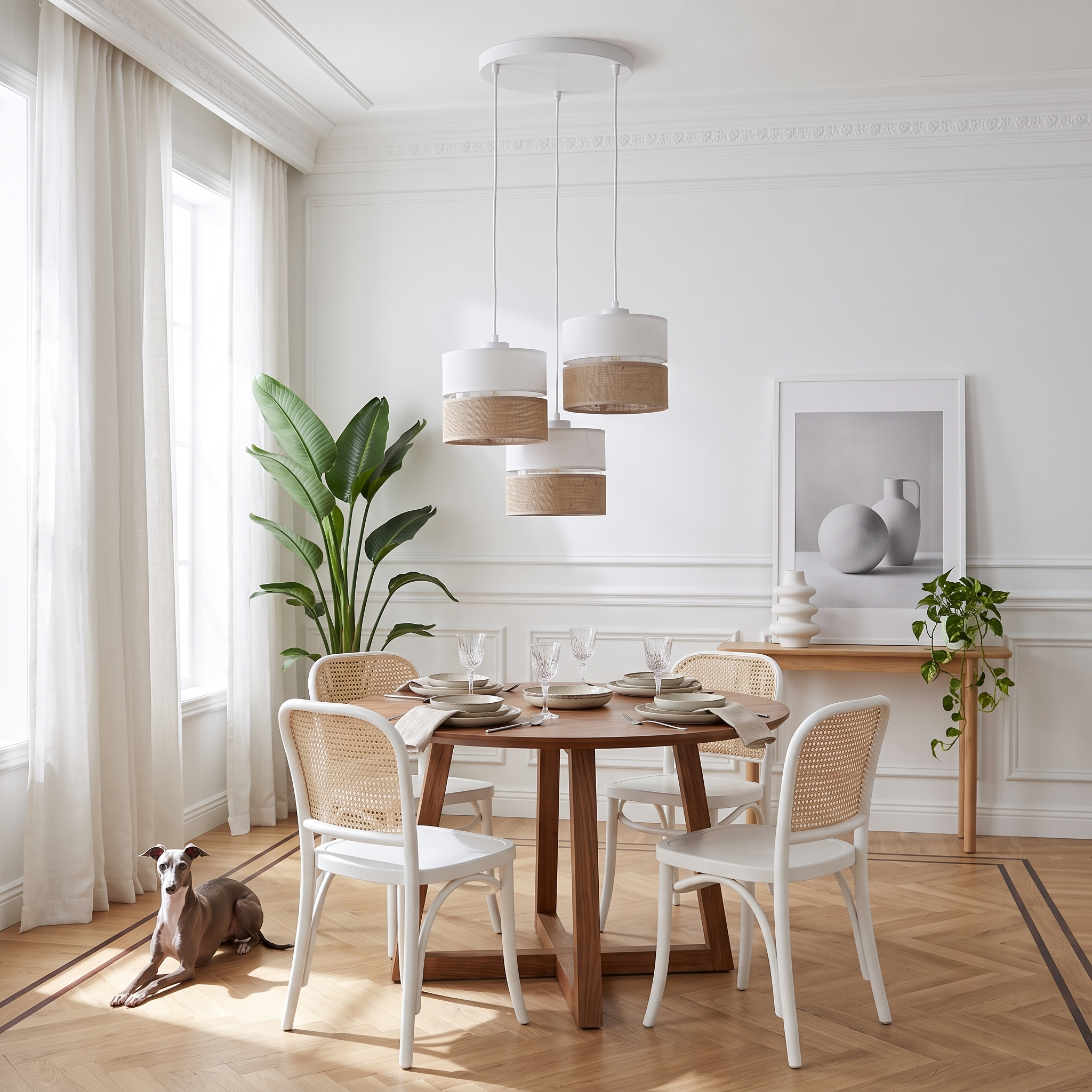 LINOBIANCO 3-Light Cluster Pendant with Linen & Jute Shades for Dining, Kitchen & Living Room