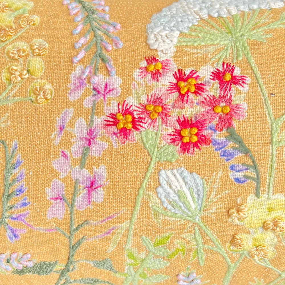 Mustard Floral Fusion Embroidered Pillow Cover Closeup -#color_mustard