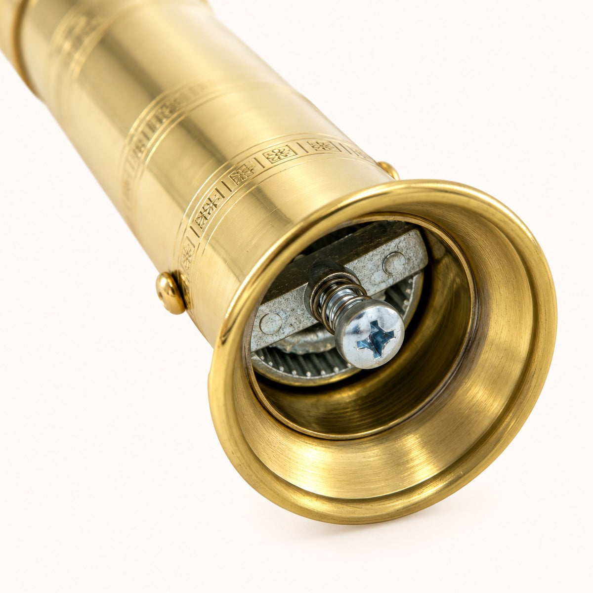 Close-up of a brass fire hydrant nozzle showing the internal mechanism and threaded opening on a white background.