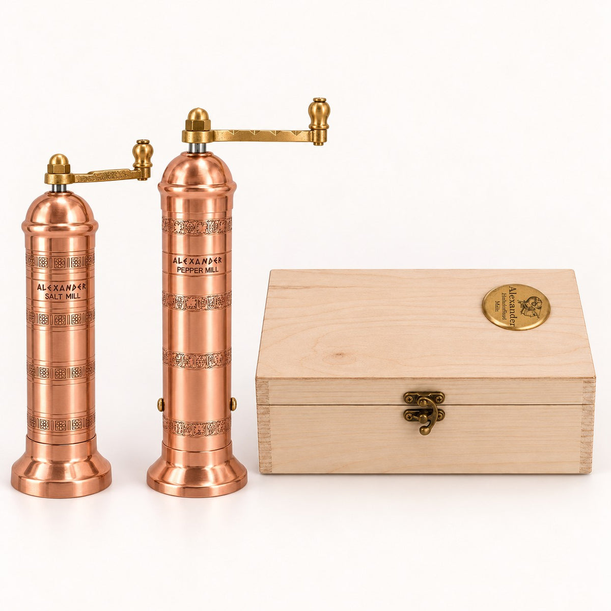 Alexander Copper Salt and Pepper Mill Gift Set in Wooden Box