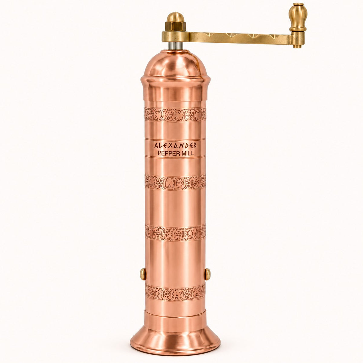 A copper and brass Alexander Pepper Mill shown on a clean white background. The cylindrical copper body features decorative bands and the text 'ALEXANDER PEPPER MILL' in black.
