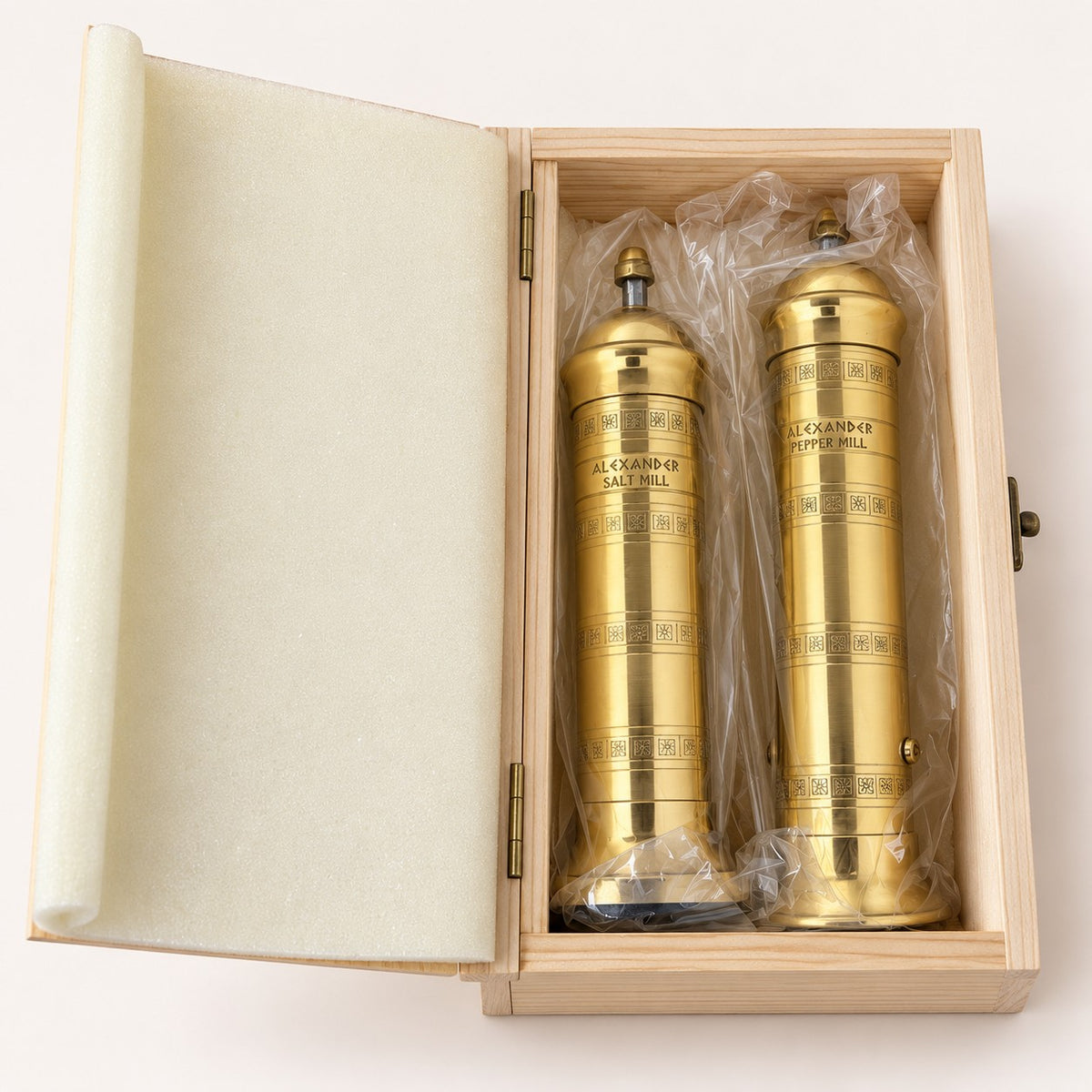 Alexander Brass Salt and Pepper Mill Gift Set in Wooden Box