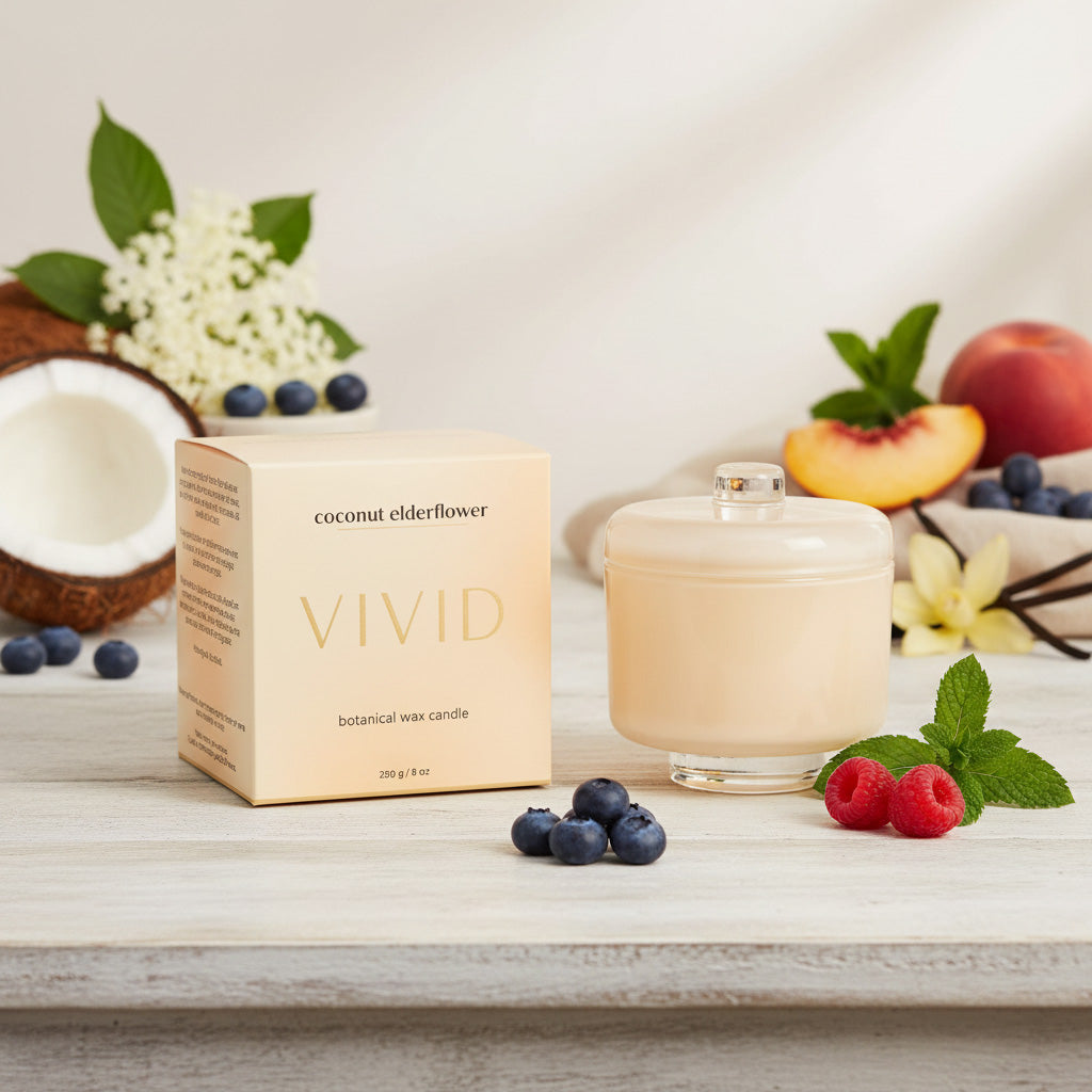 Vivid coconut elderflower candle with packaging on a wooden surface with fruits and flowers.