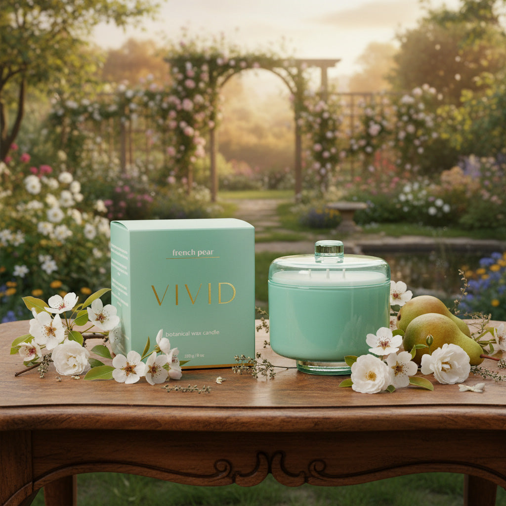 Mint green candle and box with 'Vivid' branding on a wooden table in a garden setting.