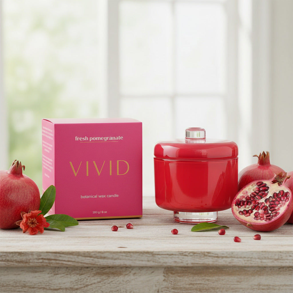 Red candle labeled 'Vivid' with a pink box and pomegranates on a wooden surface.