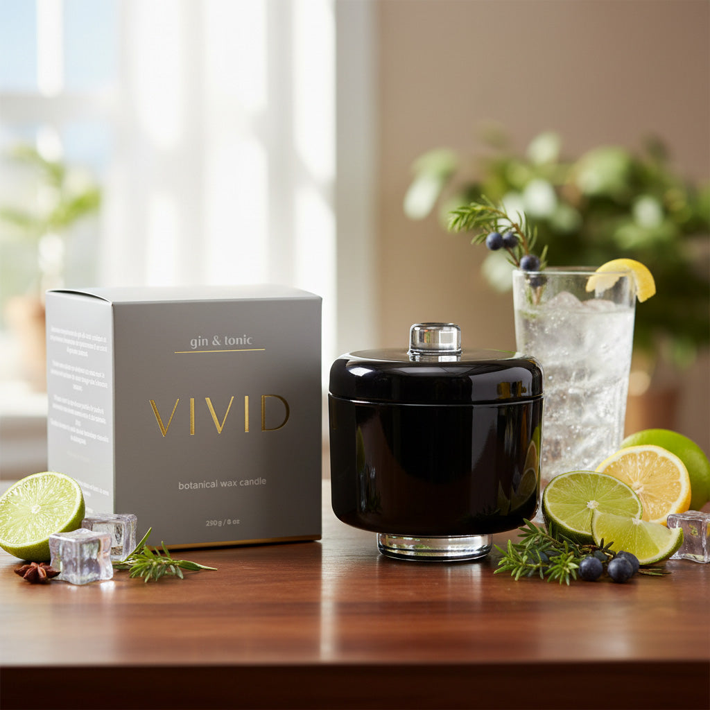 Black candle with a box labeled 'Vivid' on a table with garnished drinks and limes.