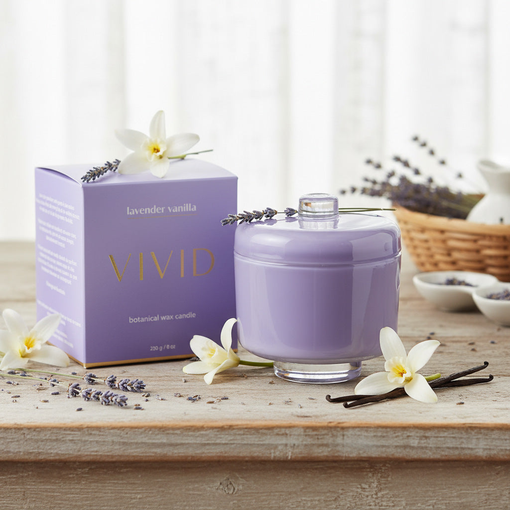 Vivid lavender vanilla candle with packaging on a wooden surface with flowers and lavender.