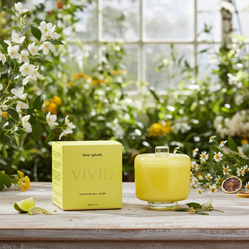 Yellow candle and packaging labeled 'Vivid' on a wooden surface with a garden background