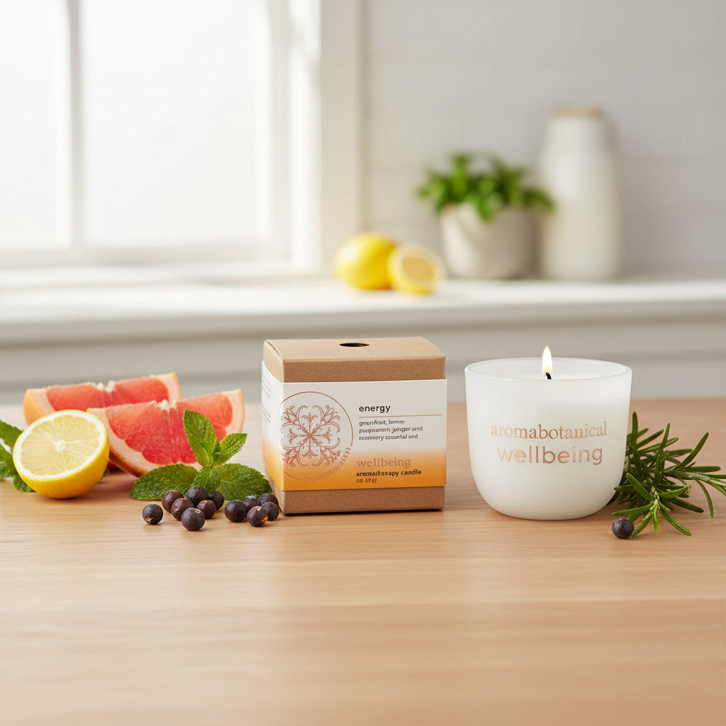 Candle labeled 'wellbeing' on a wooden surface with fruits and a box in the background