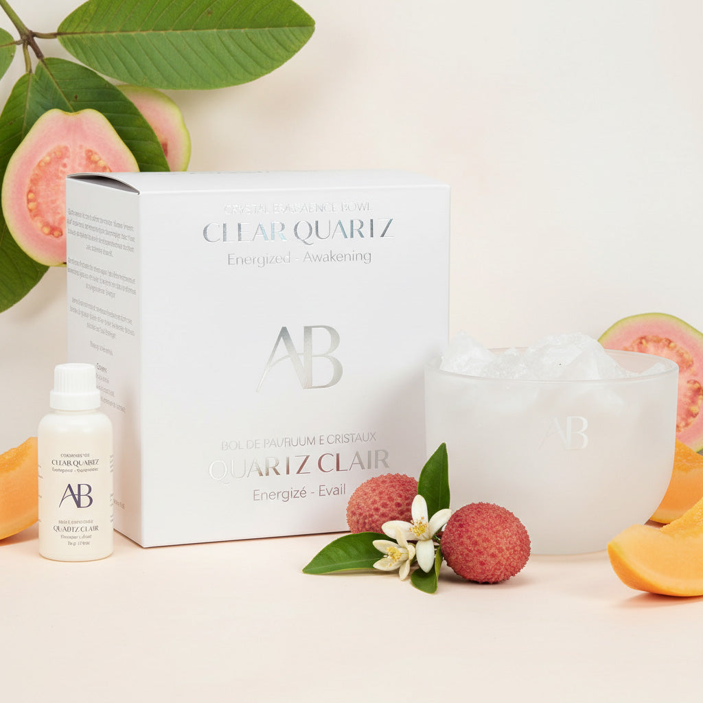 Clear Quartz Crystal Fragrance Bowl with Clarity & Exotic Guava Scent by Aromabotanical