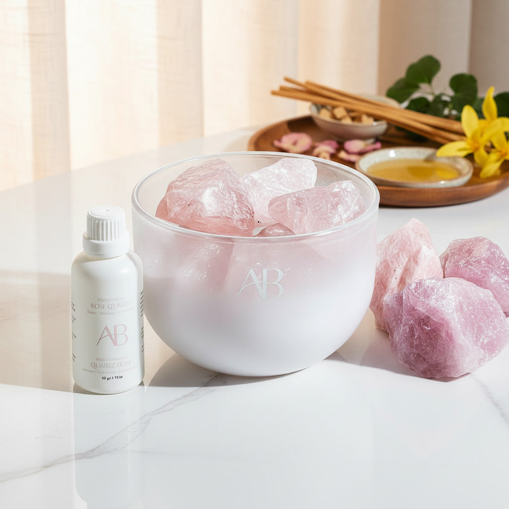 Rose Quartz Crystal Fragrance Bowl with Nurturing Love & Sandalwood Scent by Aromabotanical