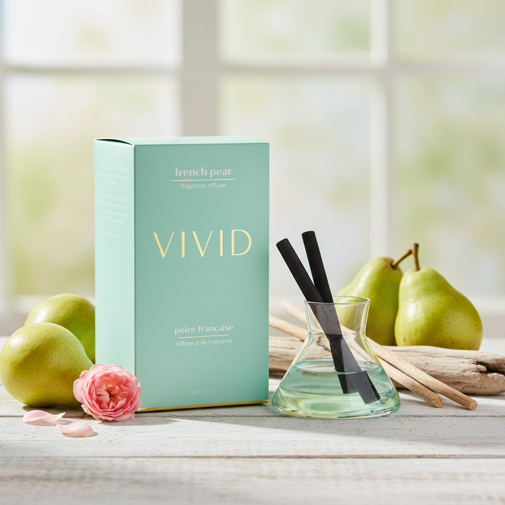 Vivid product with packaging and pears on a wooden surface