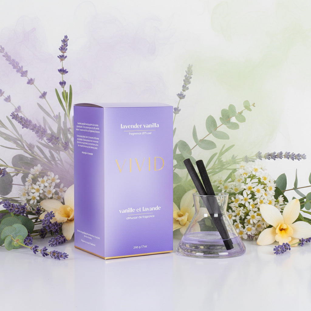 Vivid lavender vanilla diffuser with packaging and floral elements on a light background