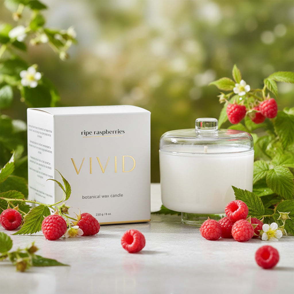 Vivid candle with packaging and ripe raspberries on a natural background