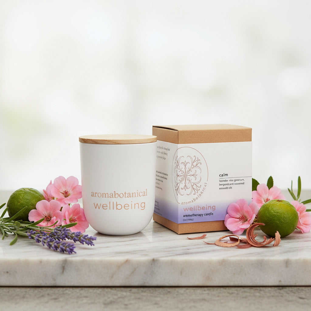 Aromabotanical wellbeing candle with packaging on a marble surface with flowers and limes.