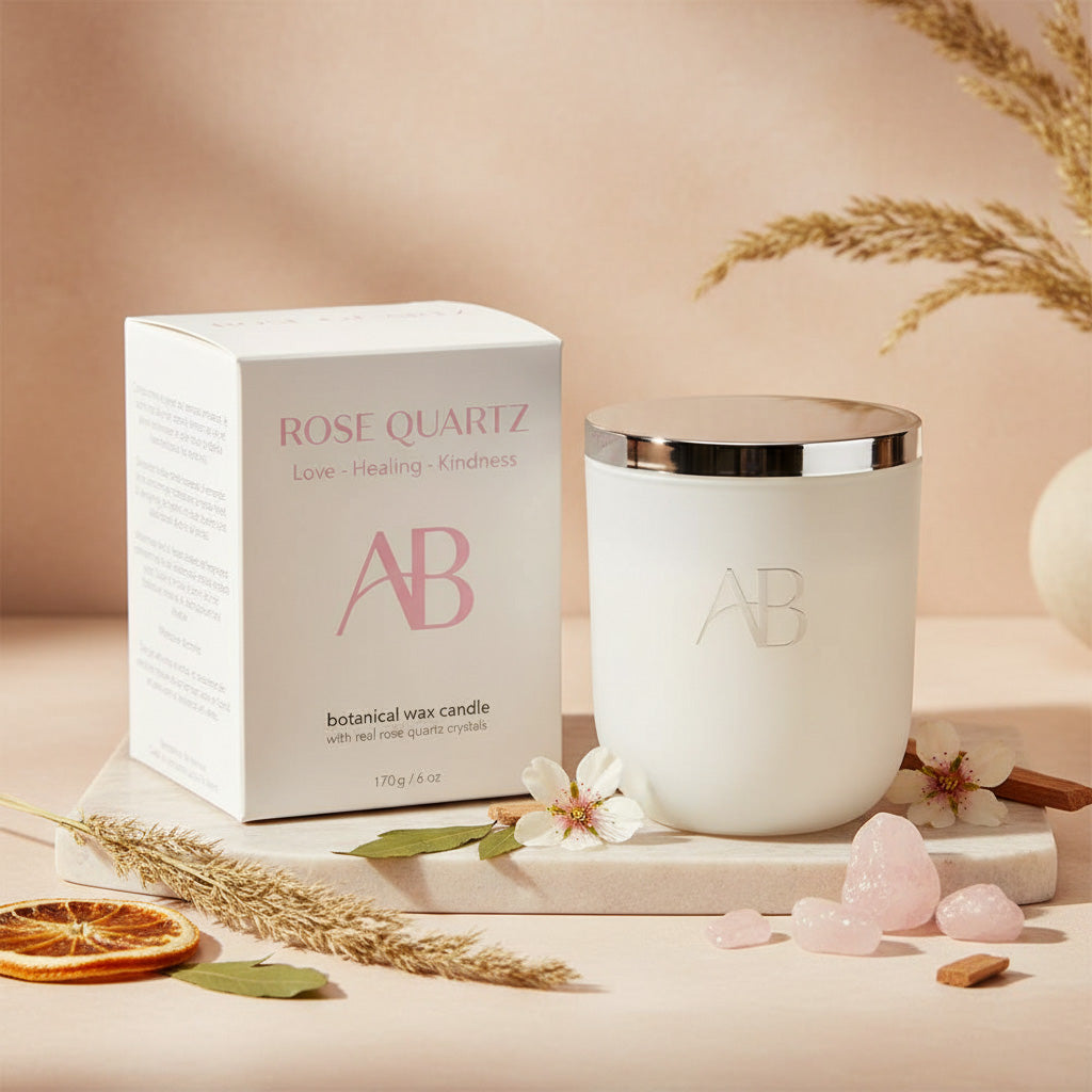 Rose Quartz Small Candle with Self-Compassion & Sandalwood Scent by Aromabotanical