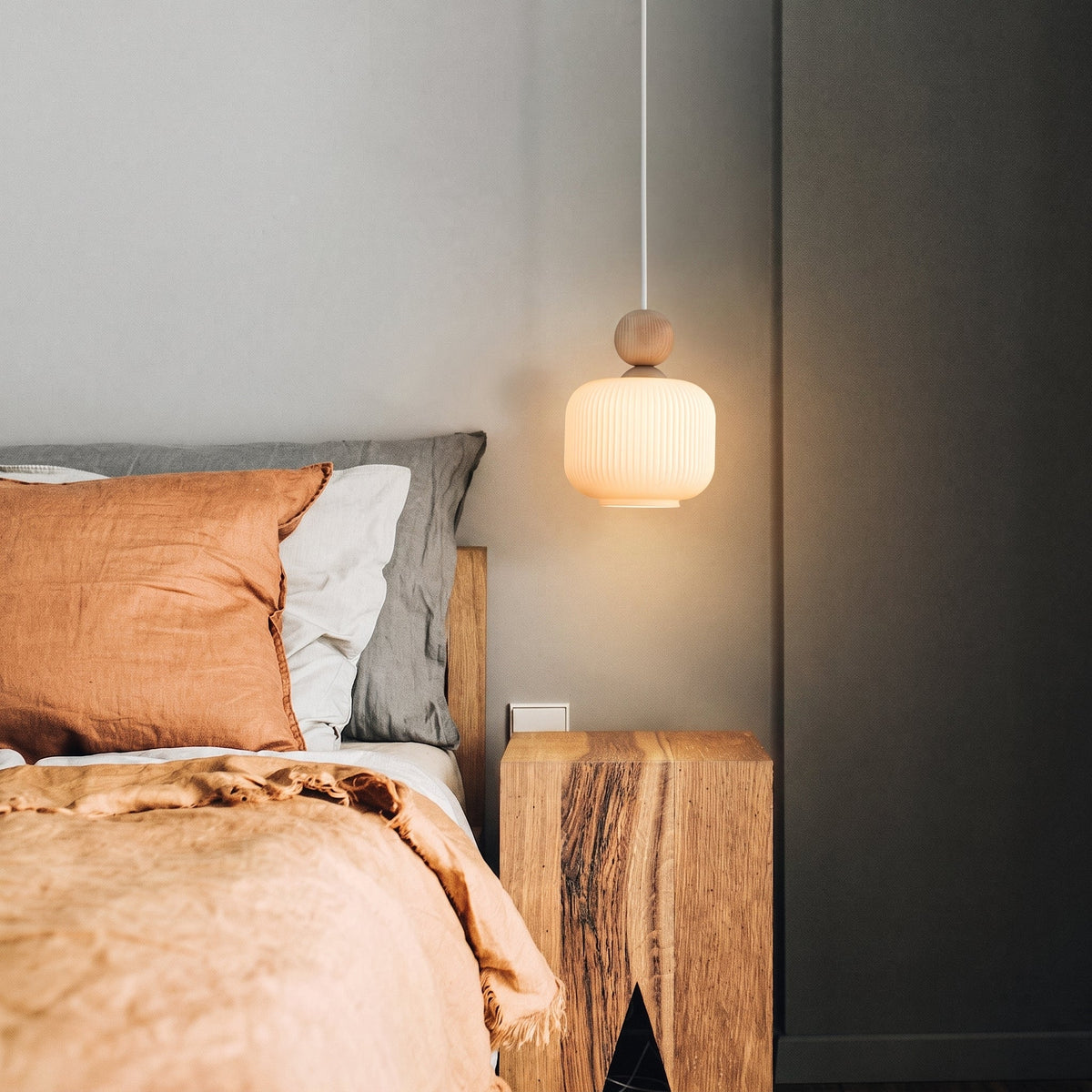 BALLO Ribbed Glass & Wood Mini Pendant for Kitchen Island & Bedside