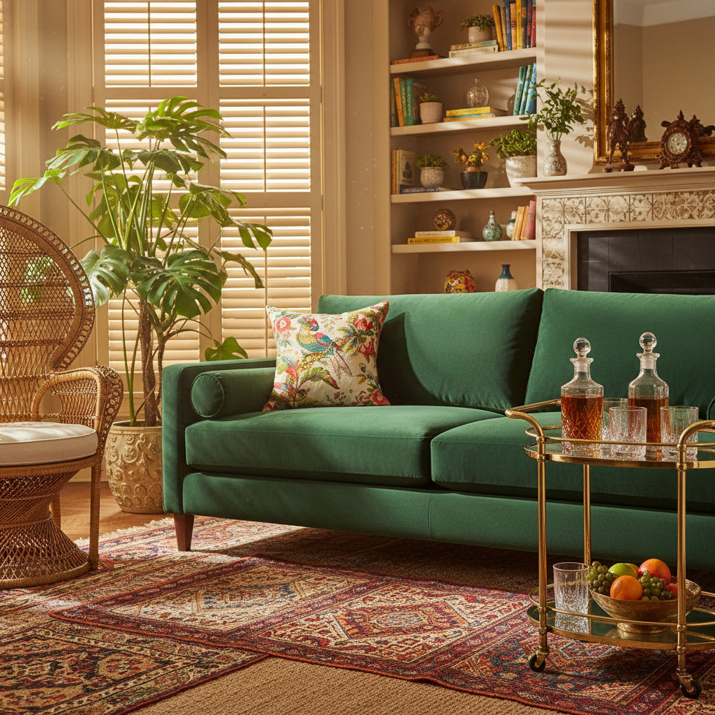 Living room with a green sofa, wicker chair, and decorative items.