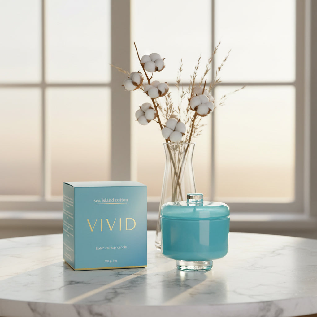 Blue candle and packaging on a marble surface with a blurred window background