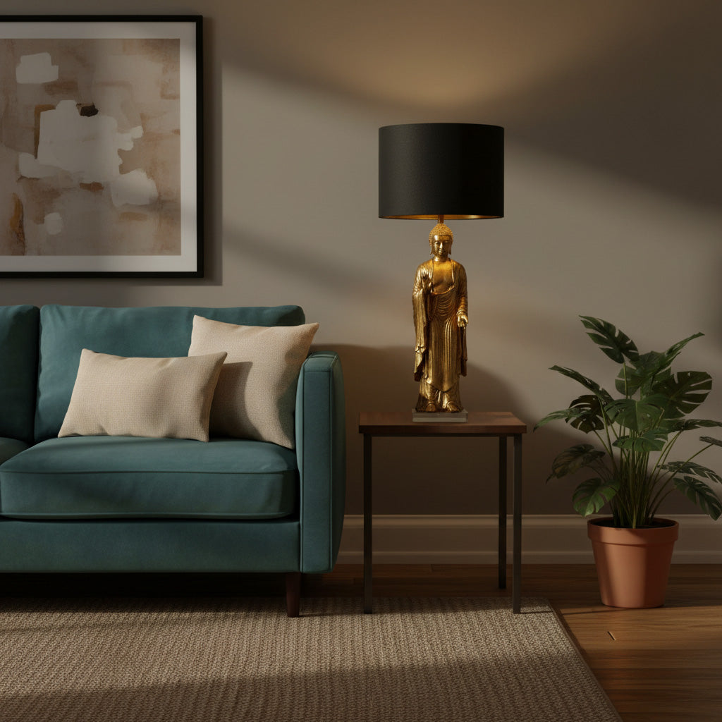 Standing Buddha Table Lamp – Gold Buddha Sculpture with Black Shade (21")