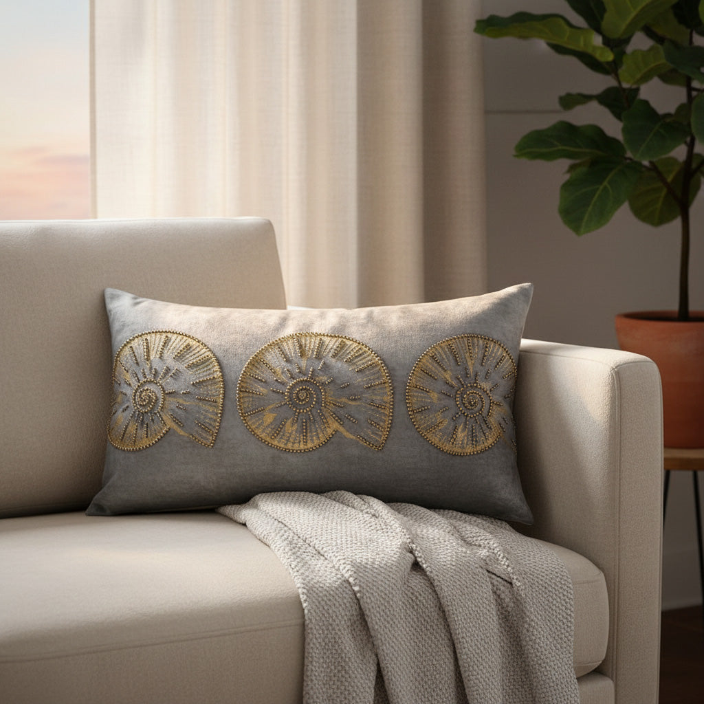 Decorative pillow with gold patterns on a beige sofa in a living room setting.#color_indigo
