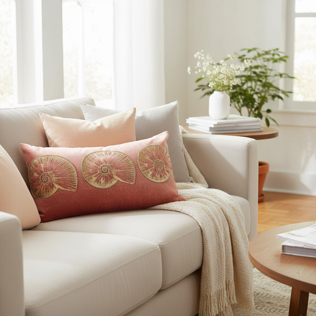 Cozy living room with a beige sofa, decorative pillows, and a small table with books and a plant.#color_red