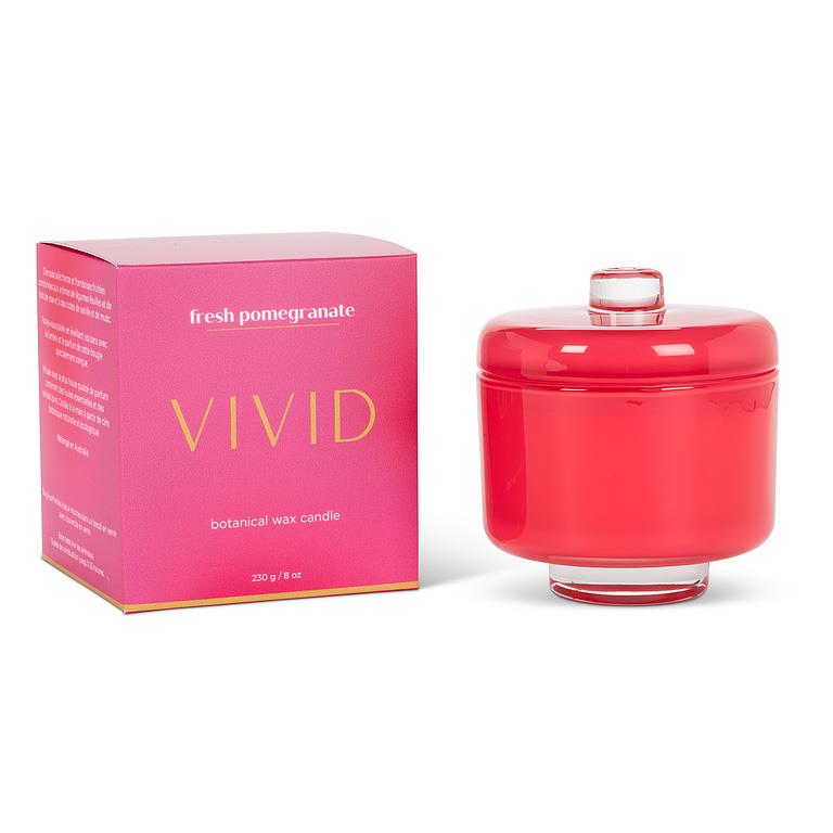 Red candle with a pink box labeled 'Vivid' on a white background