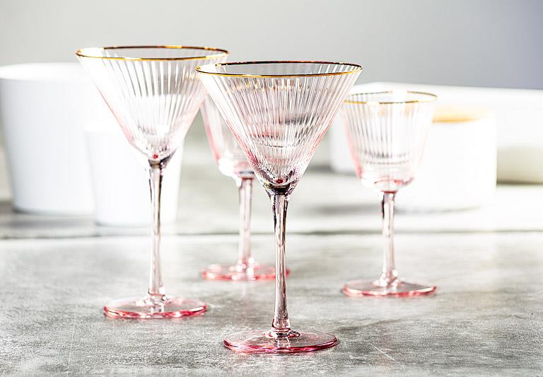 Optic Pink Martini Glass with Gold Rim – 10oz | Set of 4