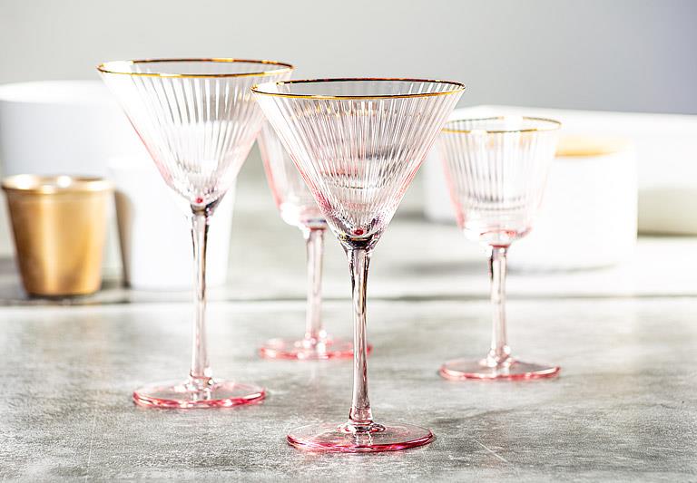 Optic Pink Martini Glass with Gold Rim – 10oz | Set of 4