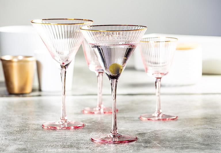 Optic Pink Martini Glass with Gold Rim – 10oz | Set of 4