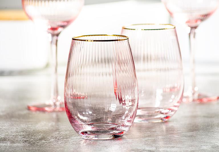 Optic Pink Stemless Wine Glass with Gold Rim – 18oz | Set of 4