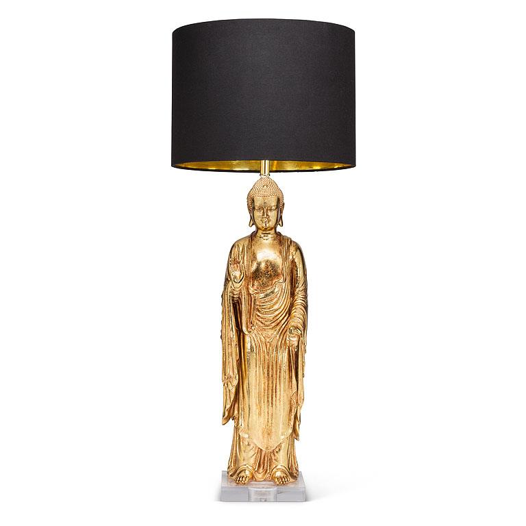 Standing Buddha Table Lamp – Gold Buddha Sculpture with Black Shade (21")