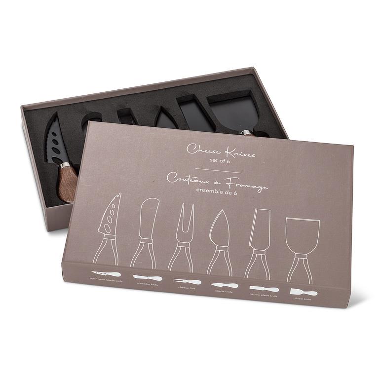 Walnut Handled Cheese Knives – Set of 6 | Black Teflon-Coated Stainless Steel Blades