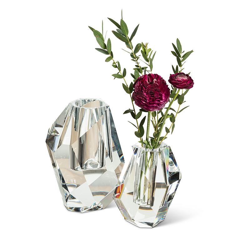 Large Modern Cut Vase – Clear K9 Optical Glass Minimalist Floral Vase (8")