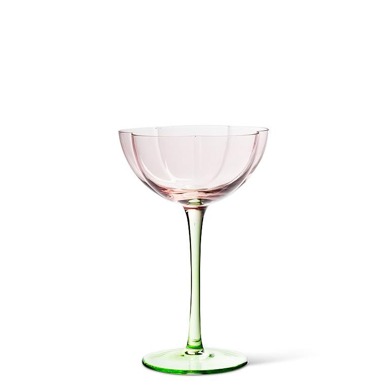 Flower Look Coupe Glasses – Set of 4 | Pink Coupe with Green Stem, Feminine Celebration Glassware (6 oz)