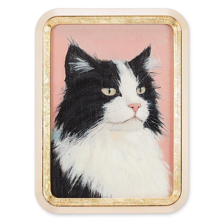 Framed artwork of a black and white cat on a pink background