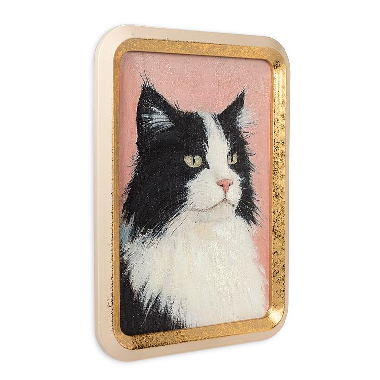 Decorative box with a black and white cat illustration on a pink background