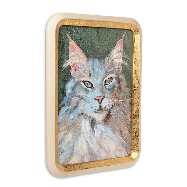 Rectangular gold-framed artwork of a cat with a green background