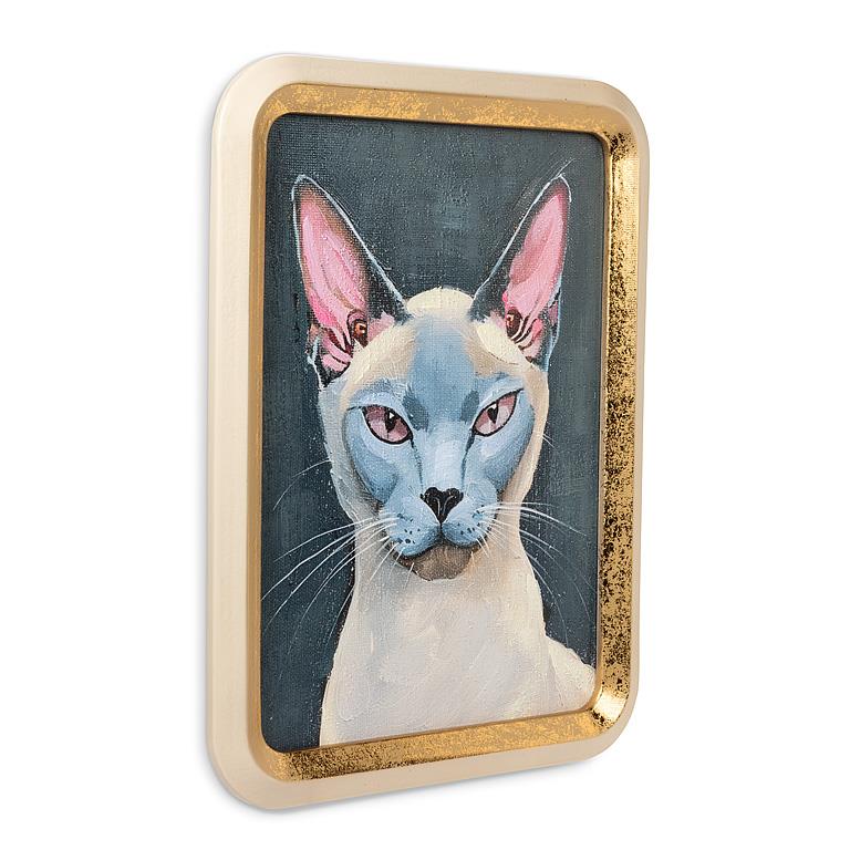 Framed artwork of a Siamese cat with a gold frame on a white background