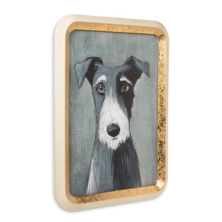 Framed artwork of a dog's face with a gold frame on a white background