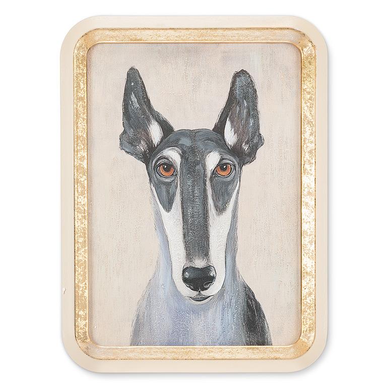Framed artwork of a dog's face with a gold frame on a white background