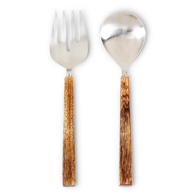 Serving fork and spoon with wooden handles on a white background