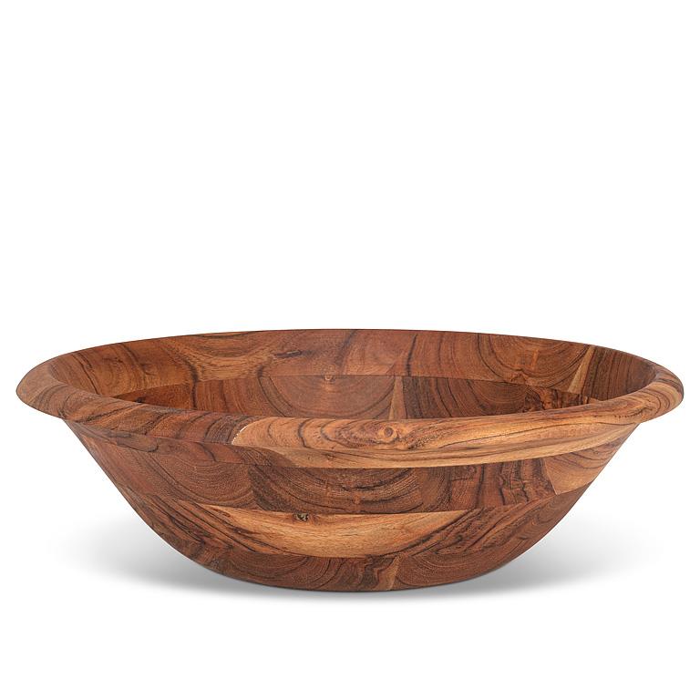 Large Patchwork Acacia Wood Low Bowl – 14"