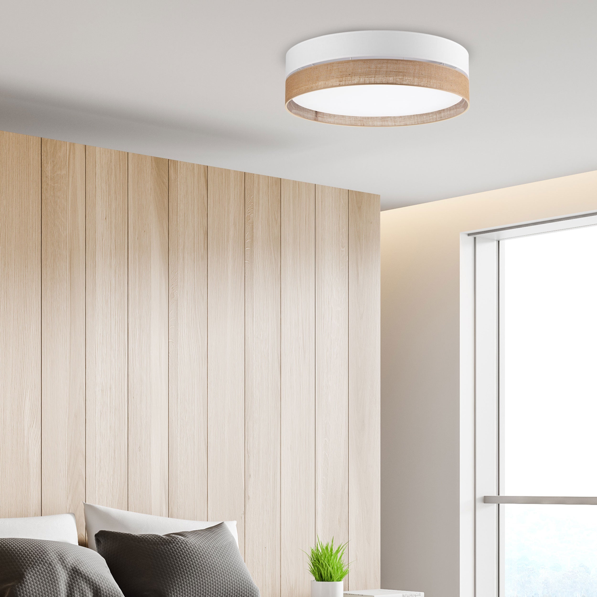 Linobianco Natural Linen Scandinavian Flush Mount Ceiling Light for Bedroom, Hallway & Low Ceilings