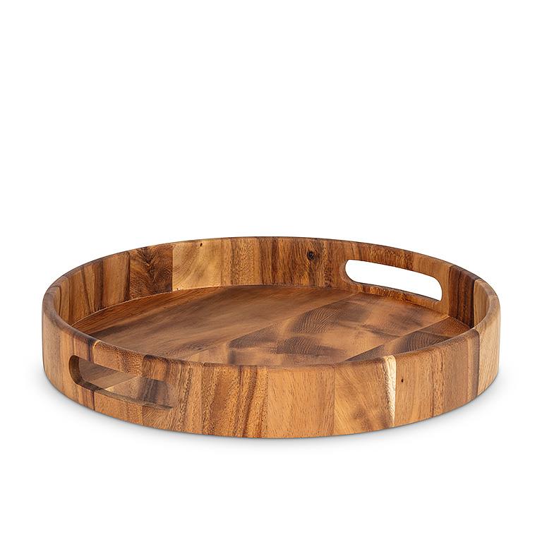 Round Acacia Wood Tray with Handles – Rustic Scandinavian-Style Serving Tray (13")
