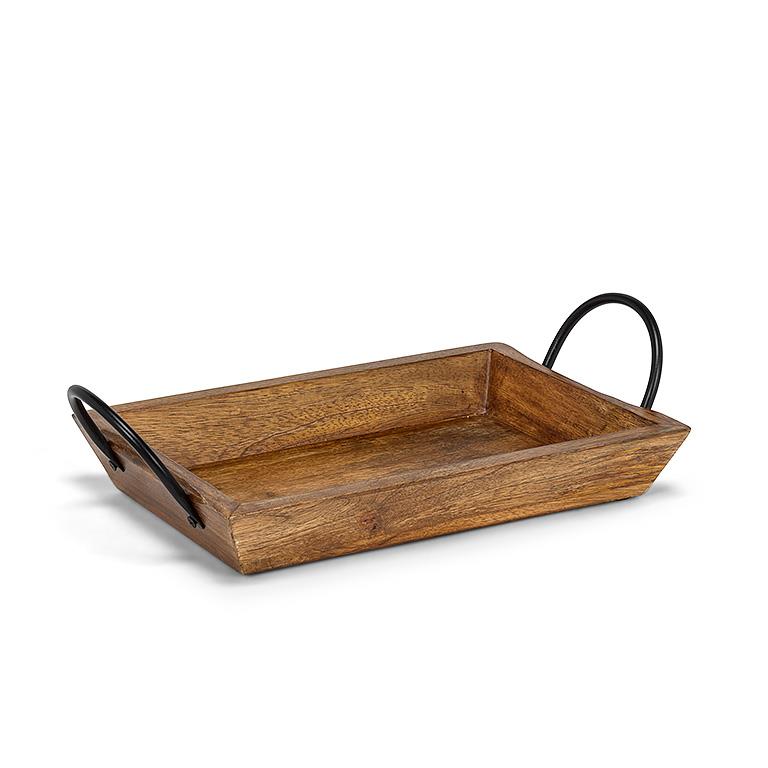 Rustic Rectangular Wooden Serving Tray – Natural Mangowood & Metal Handles