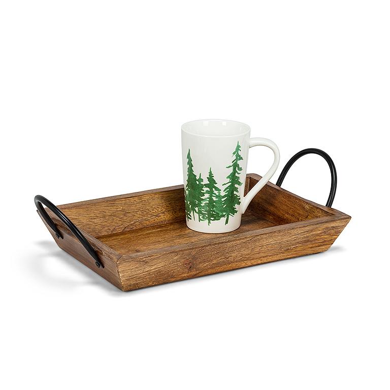 Rustic Rectangular Wooden Serving Tray – Natural Mangowood & Metal Handles