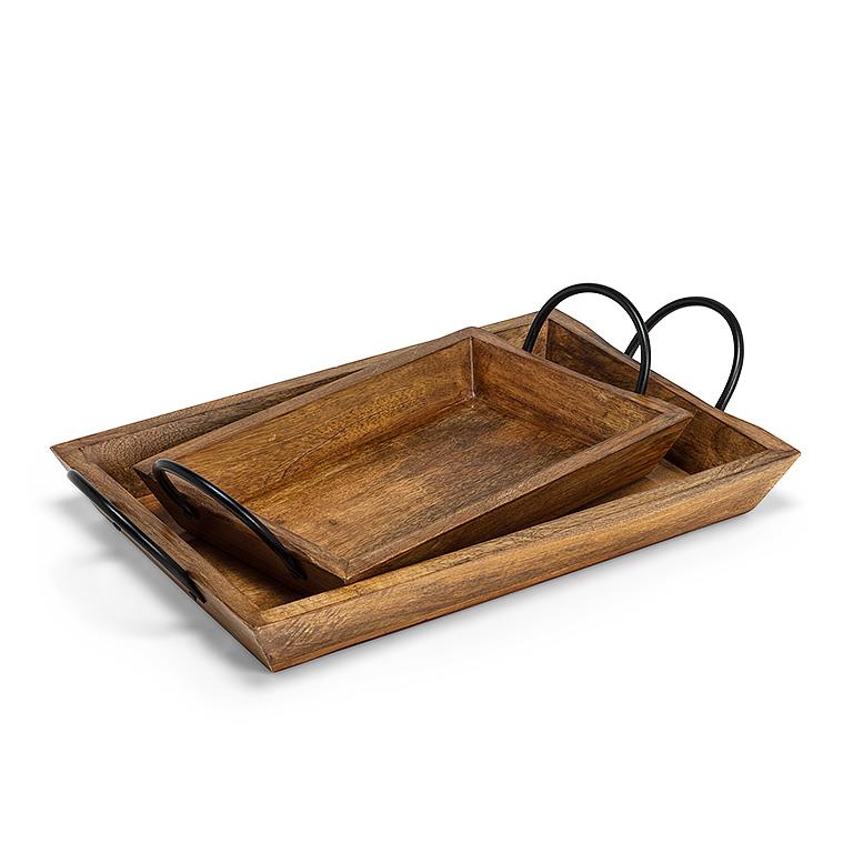 Rustic Rectangular Wooden Serving Tray – Natural Mangowood & Metal Handles
