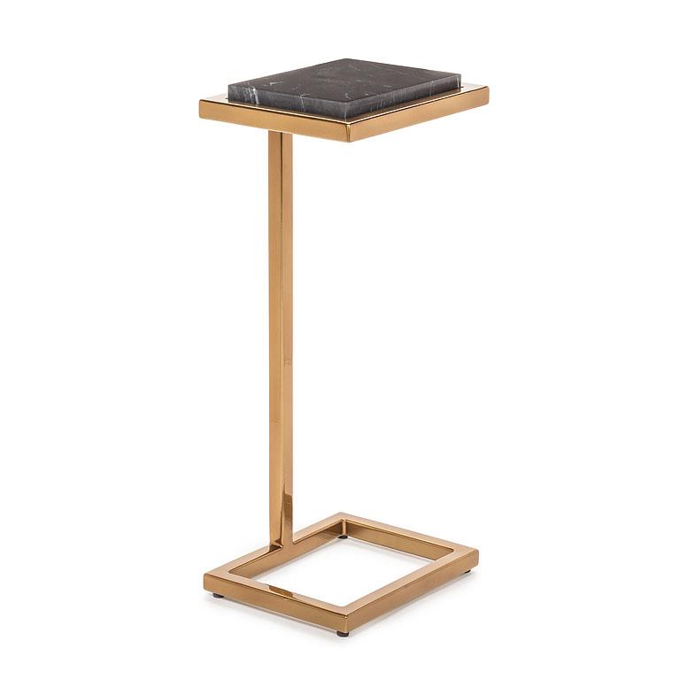 Accent C-Shaped Side Table with Black Marble Top – Brass Metal End Table (23")