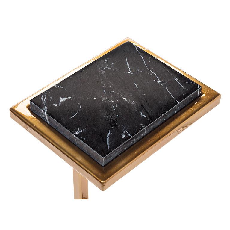 Accent C-Shaped Side Table with Black Marble Top – Brass Metal End Table (23")